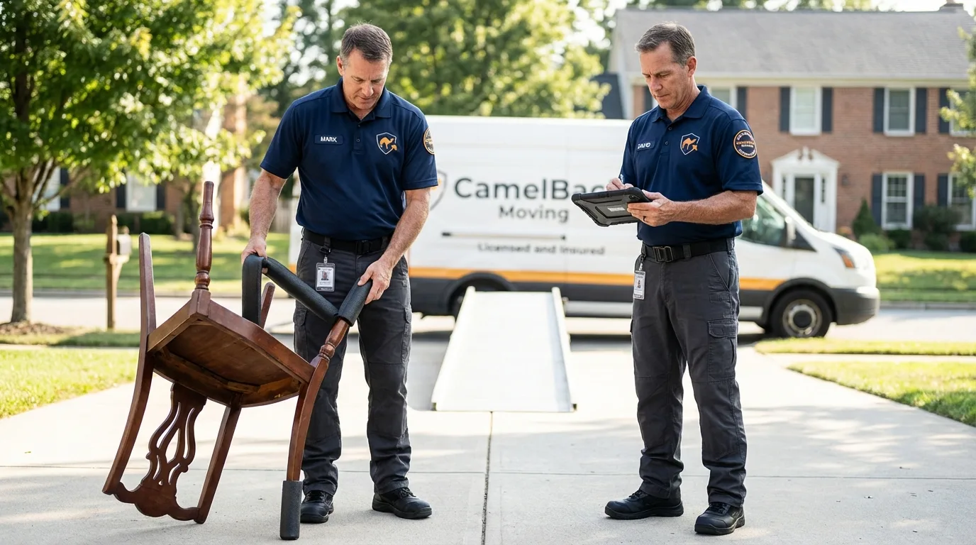 Movers inspecting furniture for damage prevention before loading in Upper Marlboro, MD