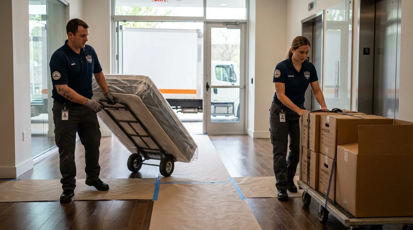 Professional apartment movers loading elevator in Upper Marlboro, MD