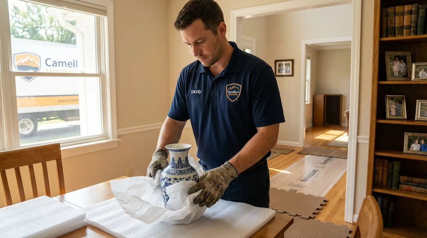 Professional crew carefully wrapping antique vase for senior downsizing move in Upper Marlboro, MD